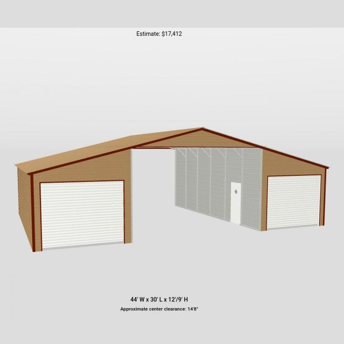 44' x 30' x 12'/9' Straight Roof Triple Wide Barn Equipment Storage, Boats, RV, Tractors