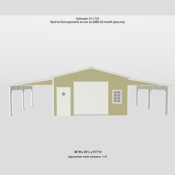 38' x 25' x 9'/7' One Car Garage with Dual Lean To's / Carports