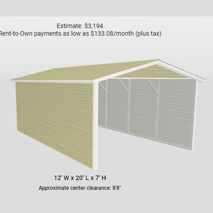 12' x 20' x 7' Box Eve Roof Style One Car Carport with 3 Sides Enclosed