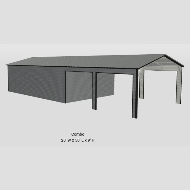 20'x50'x9' Four Car Garage Carport Combo