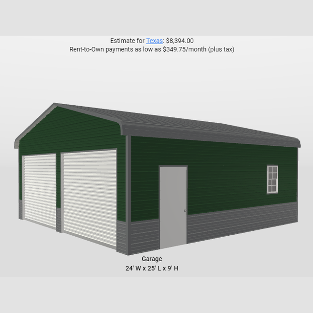 24 'x 25' x 9' Regular Roof Style Two Car Garage