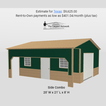 20'x21'x8' Side Combo Garage Workshop