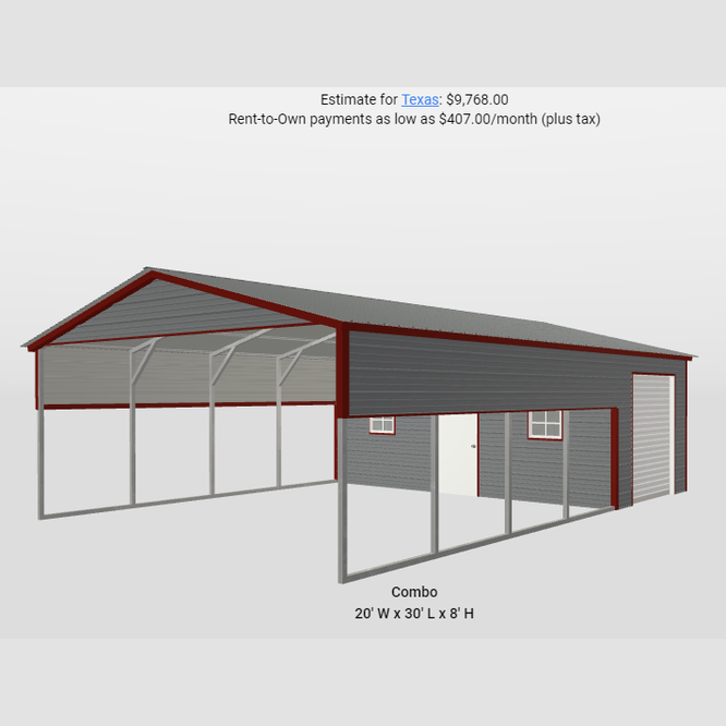 20' x 30' x 8' Vertical Roof Utility Carport - Shed Combo