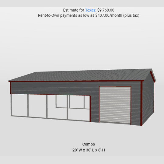 20' x 30' x 8' Vertical Roof Utility Carport - Shed Combo