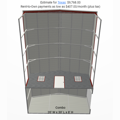 20' x 30' x 8' Vertical Roof Utility Carport - Shed Combo