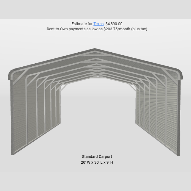 20' x 30' x 9' Three-sided Carport, Boat or Equipment Shed