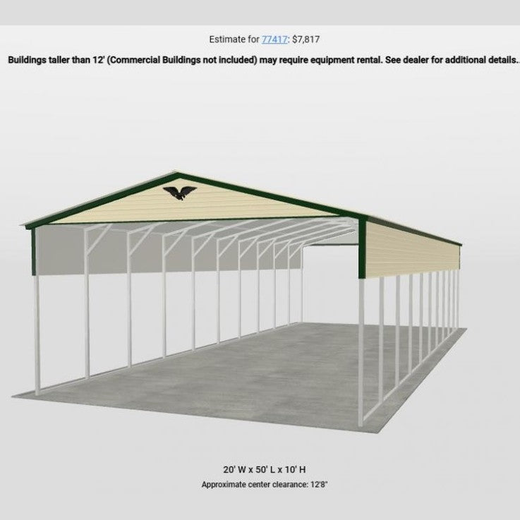 20' x 50' x 10' Vertical Roof Carport for Trucks, Trailers, Boats & more