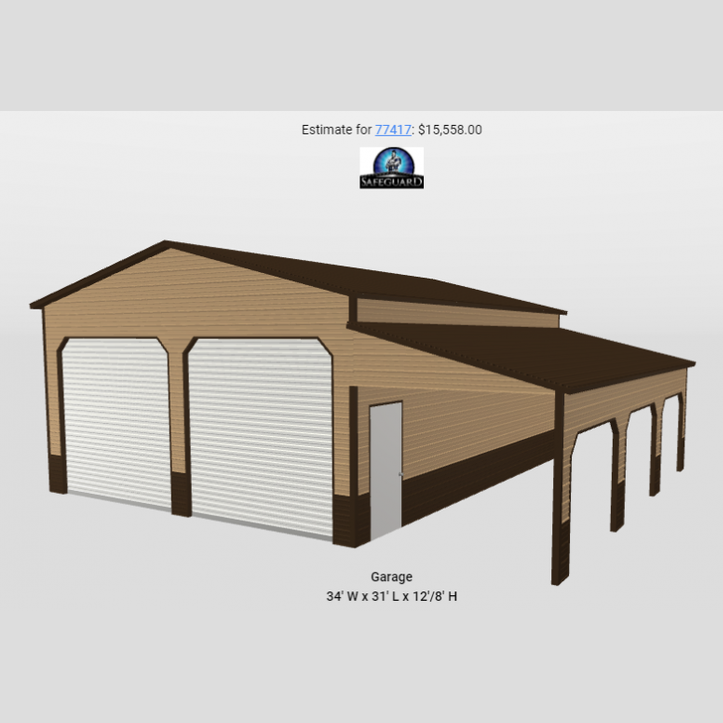 24' x 30' x 12/8' Two Car Garage with Lean-To Storage