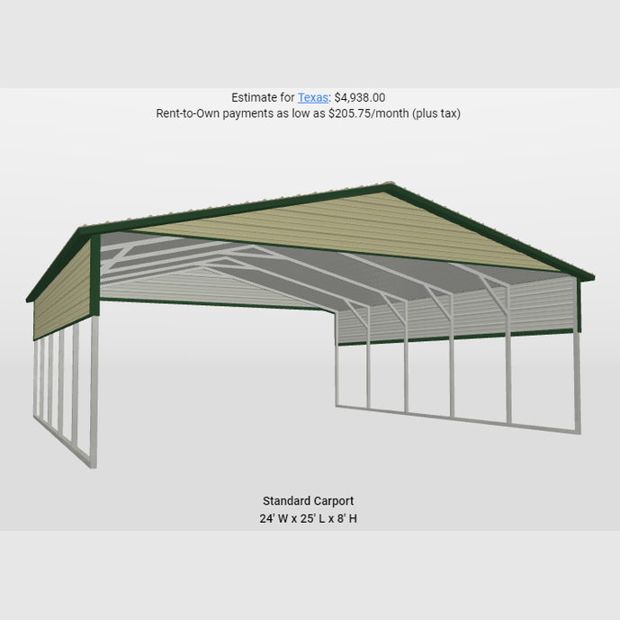 24' x 25' x 8' A-Frame Style, Triple-Wide 3 Car Metal Carport