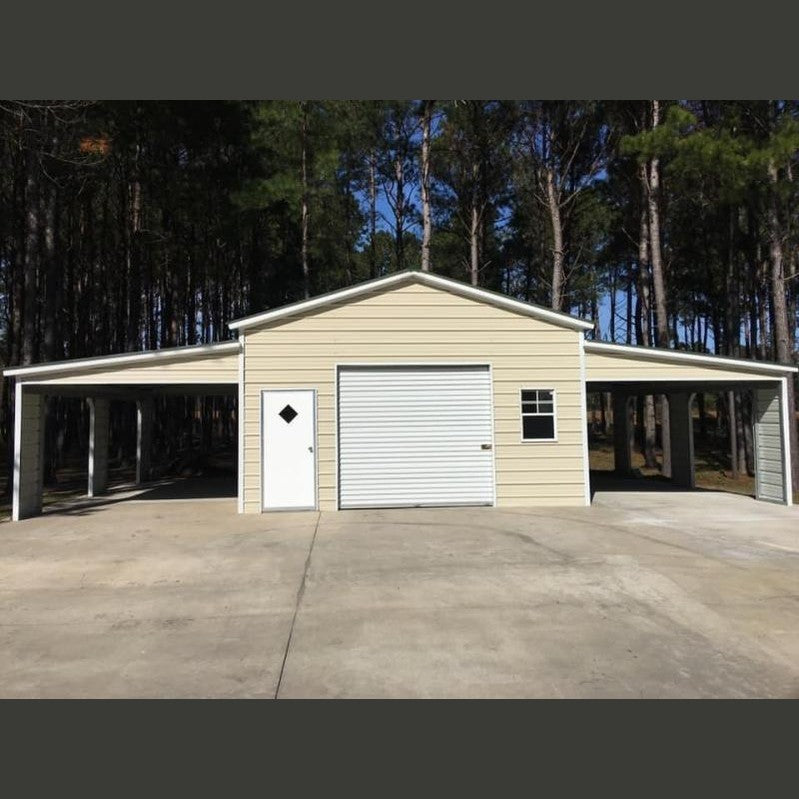 38' x 25' x 9'/7' One Car Garage with Dual Lean To's / Carports