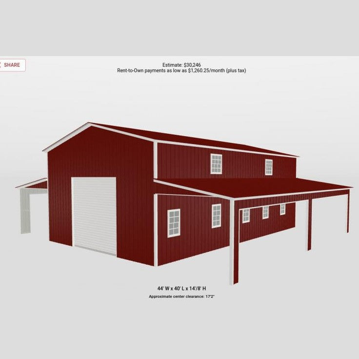 44' x 40' x 14'/8' Step-Down Barn with Dual Leans