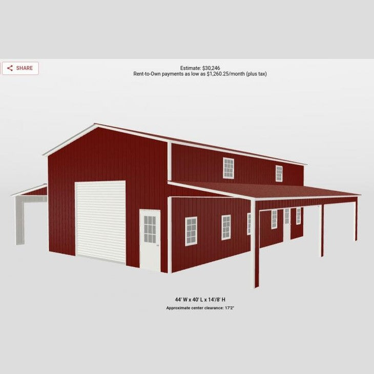 44' x 40' x 14'/8' Step-Down Barn with Dual Leans