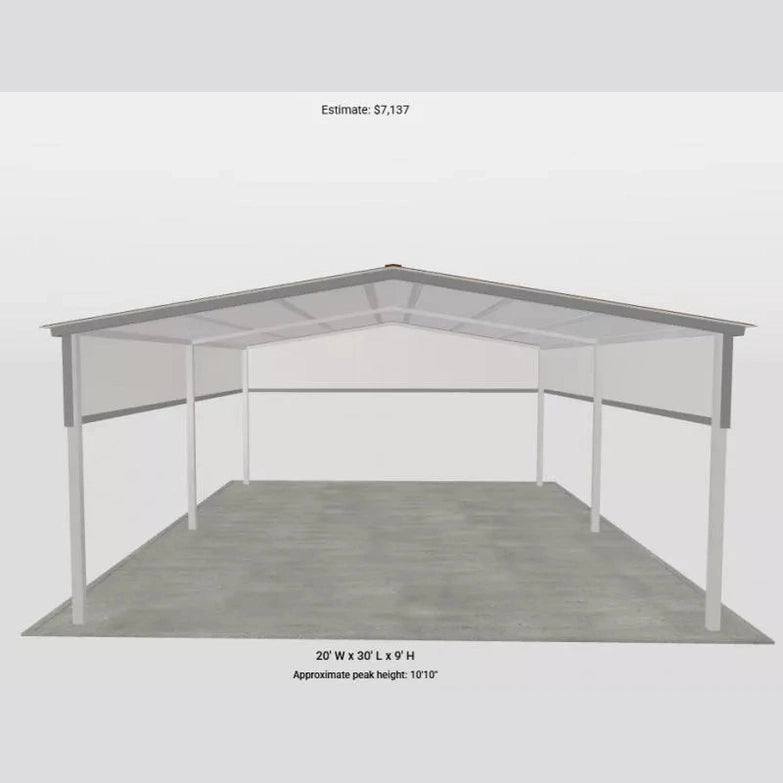 Ready Built Steel TEXAS ONLY - 20' x 30' x 9' Gabled Roof Steel Post Carport with Rear Gable and 3' Sides