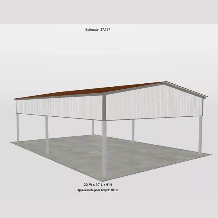 Ready Built Steel TEXAS ONLY - 20' x 30' x 9' Gabled Roof Steel Post Carport with Rear Gable and 3' Sides