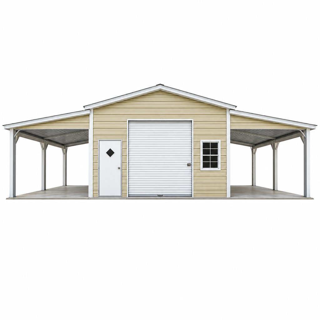 38' x 25' x 9'/7' One Car Garage with Dual Lean To's / Carports