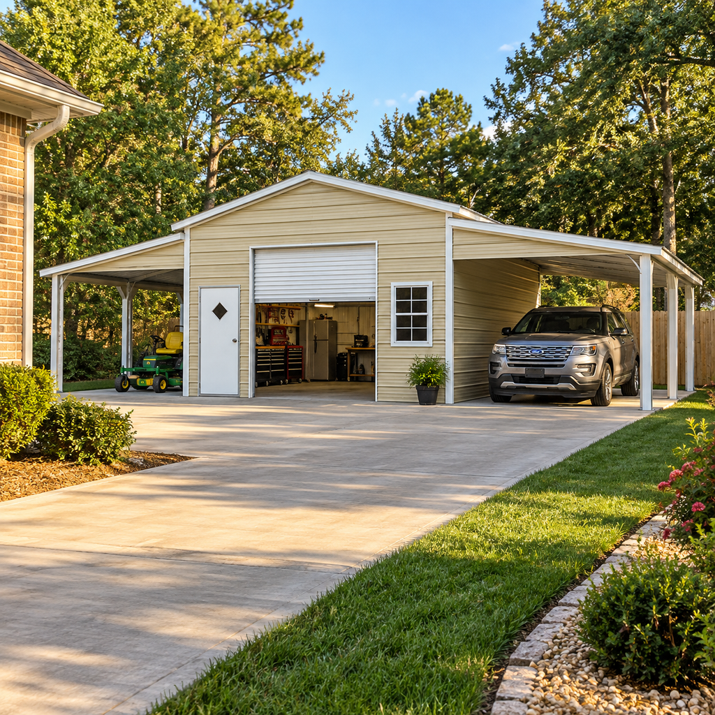 38' x 25' x 9'/7' One Car Garage with Dual Lean To's / Carports