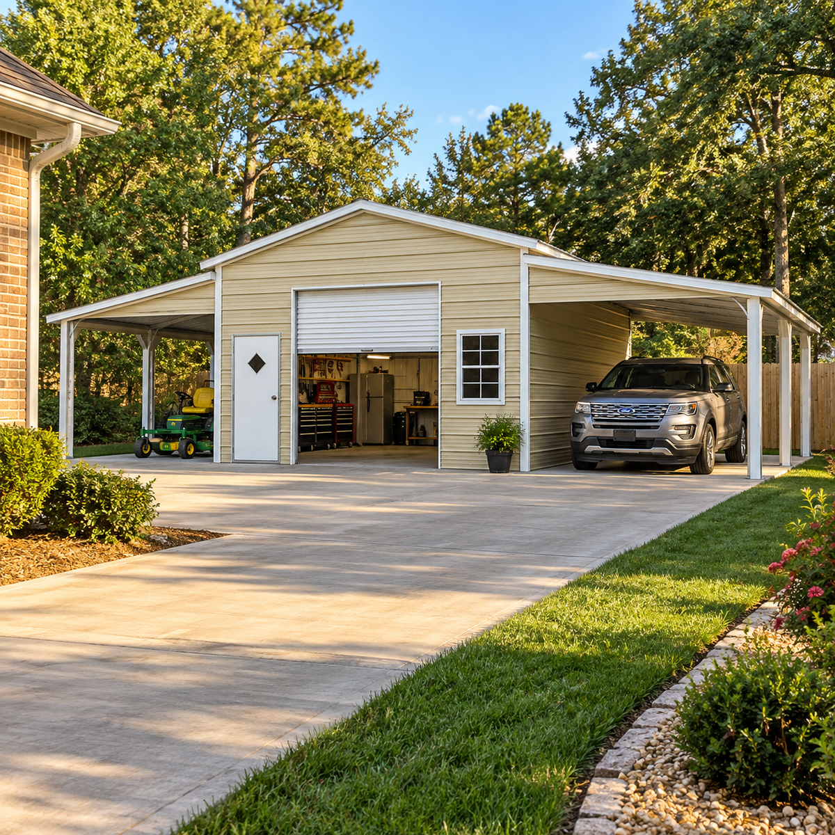 38' x 25' x 9'/7' One Car Garage with Dual Lean To's / Carports