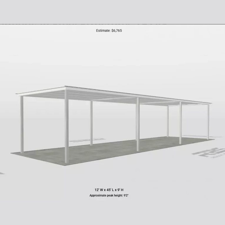 Ready Built Steel TEXAS ONLY: 12' x 45' x 9' Steel Post Frame Awning Cover