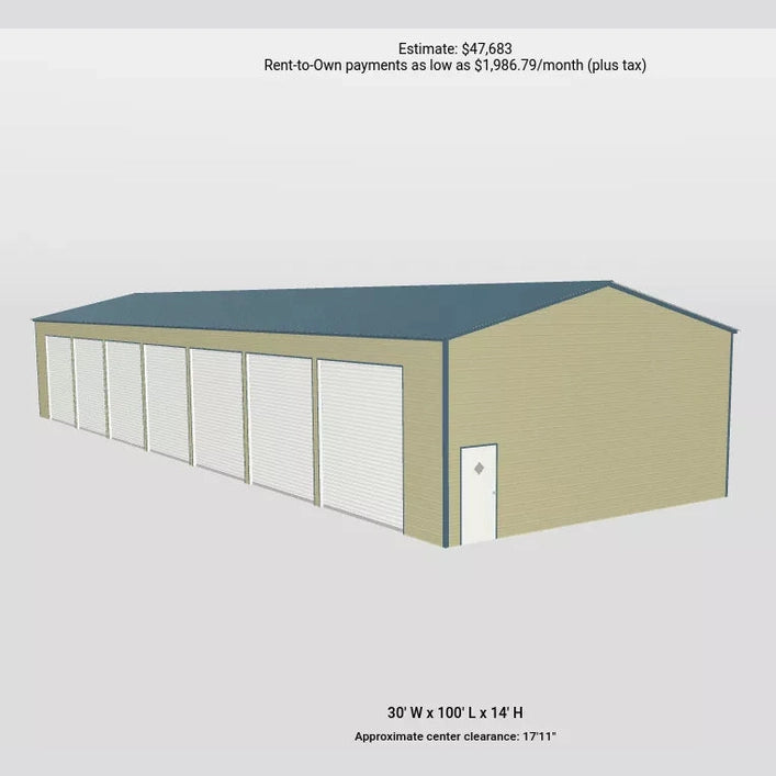 30' x 100' x 14' Commercial Storage 7 Bay Garage RV Boats Tractors