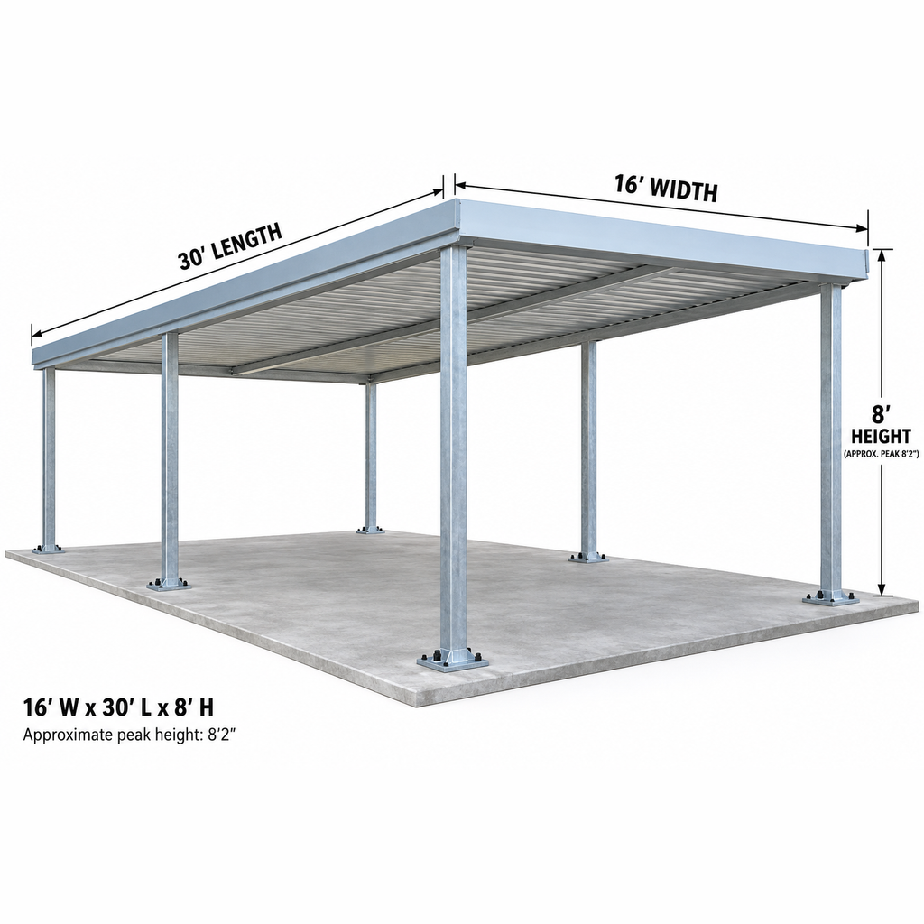 Ready Built Steel TEXAS ONLY: 16' x 30' x 8' Steel Post Frame Backyard Awning Cover