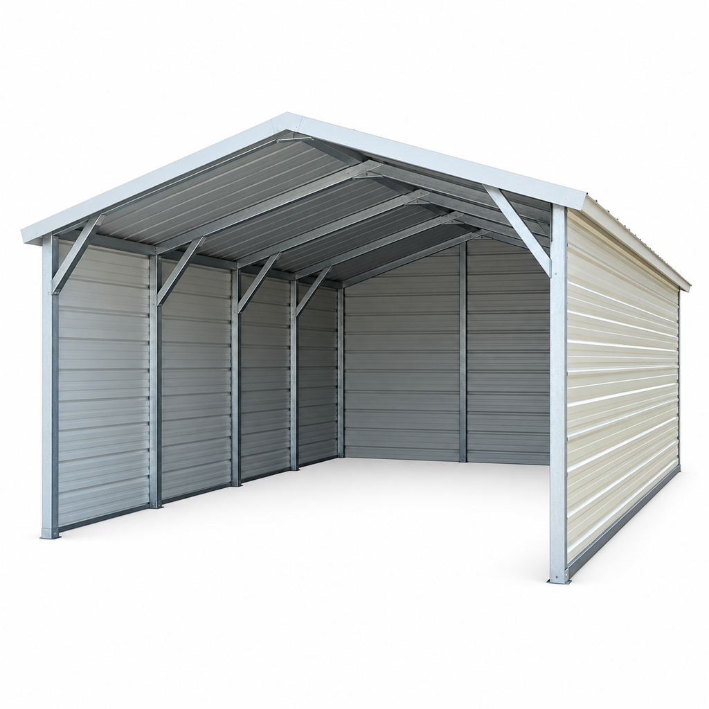 12' x 20' x 7' Box Eve Roof Style One Car Carport with 3 Sides Enclosed