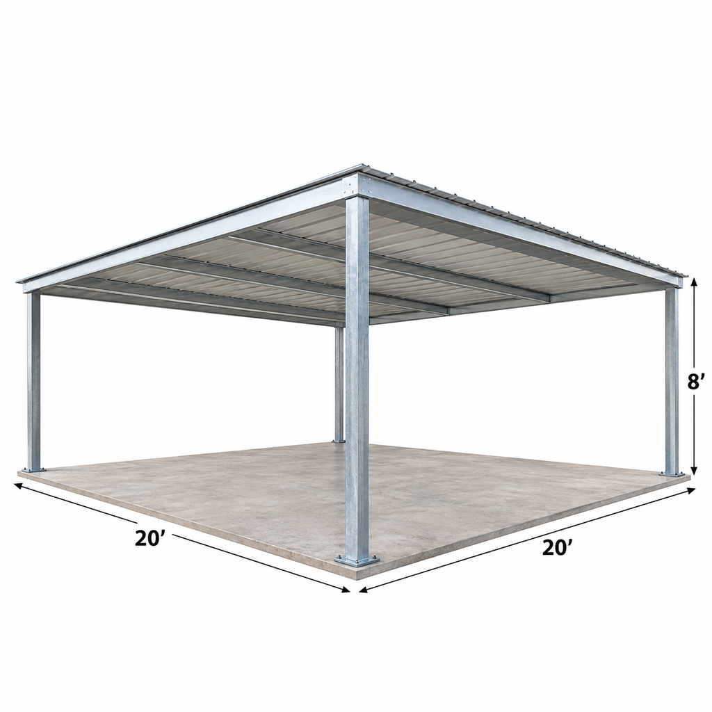 Ready Built Steel TEXAS ONLY - 20' x 20' x 8' Steel Post-Frame, Flat Roof Truss Rear Patio Awning