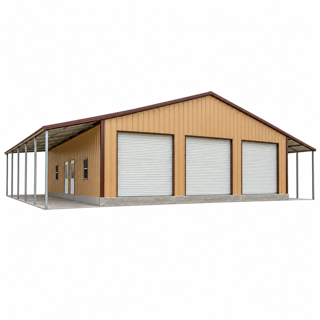 50' x 50' x 11' with dual 12' Lean Tos & Center Divider