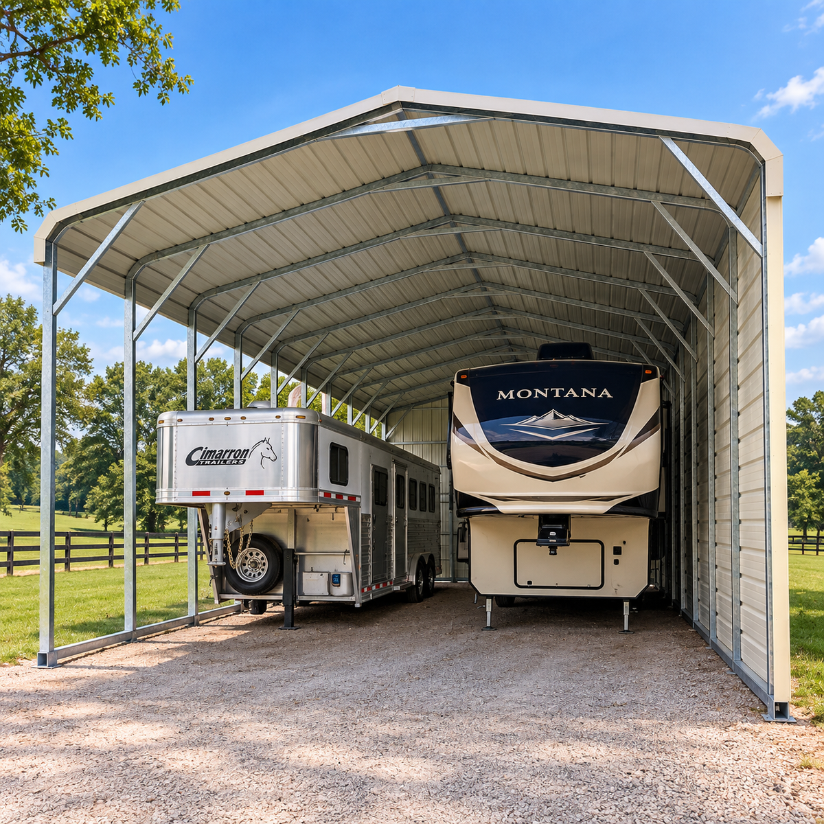 22' x 35' x 12' Partially Enclosed RV Cover - Equipment Storage Carport