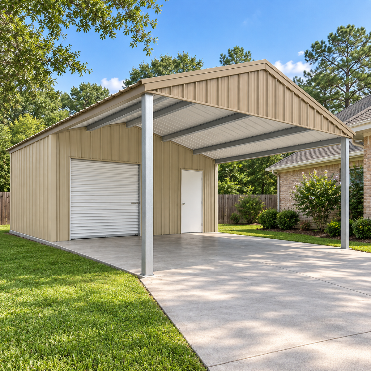 Ready Built Steel TEXAS ONLY - 20' x 40' x 8' Steel Post Frame Combo Garage Carport