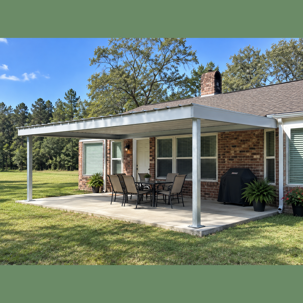 Ready Built Steel TEXAS ONLY - 12' x 20' x 8' Steel Post-Frame, Flat Roof Rear Patio Awning
