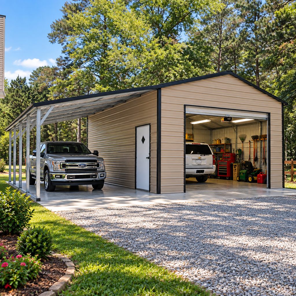 30' x 25' x 10' Boxed Eve Roof Style One Car Garage Workshop with Lean To