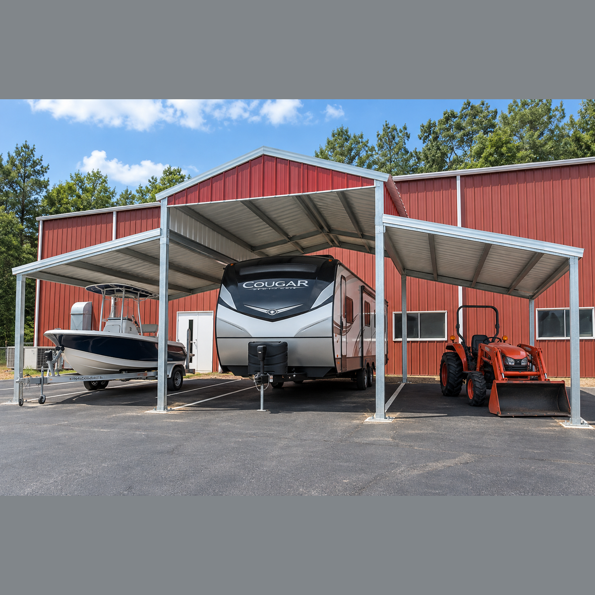 Ready Built Steel TEXAS ONLY - 42' x 20' x 12/8' Steel Post-Frame Step Down, Dual Lean To Cover