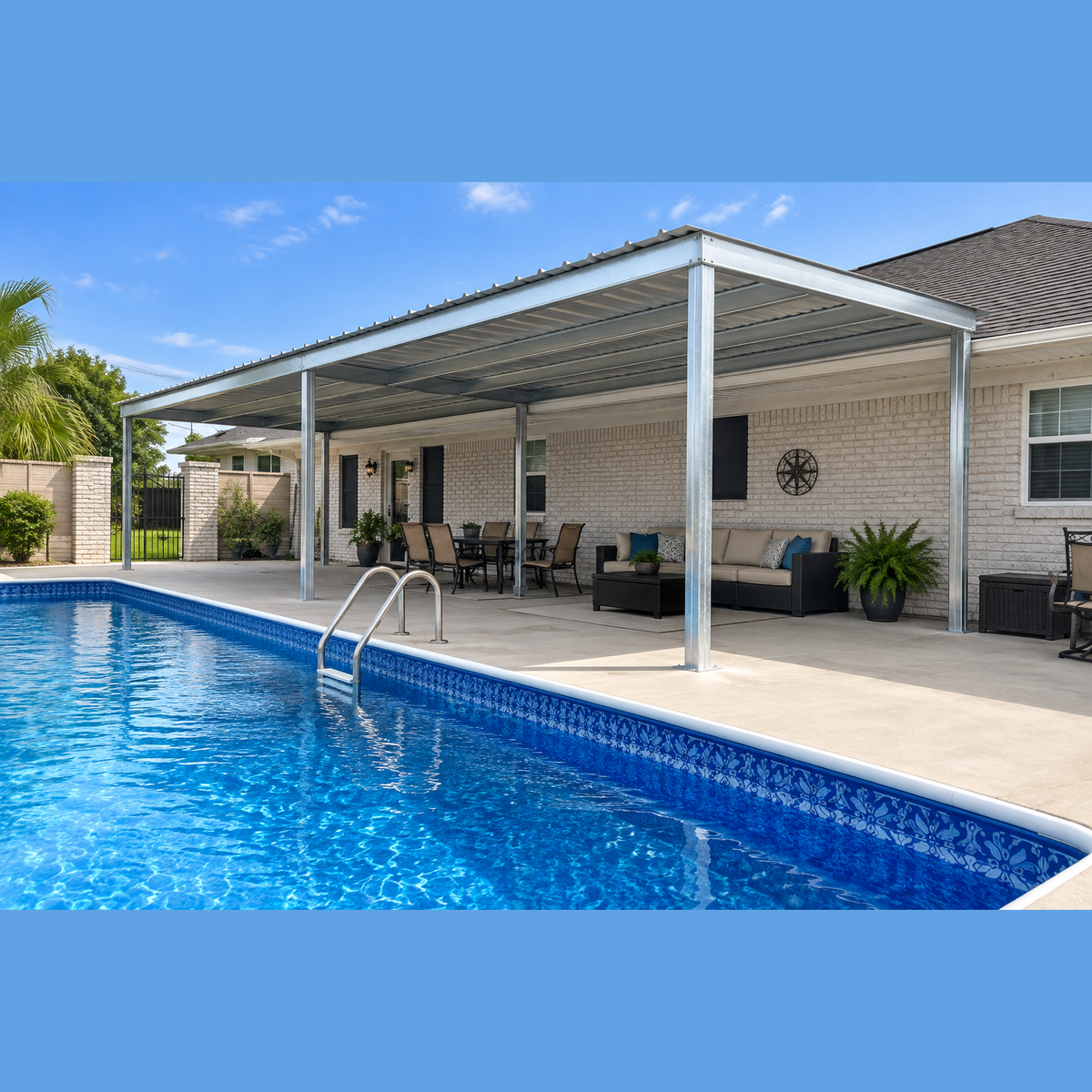Ready Built Steel TEXAS ONLY: 12' x 40' x 8' Steel Post Frame Back Porch Patio Awning Pool Cover