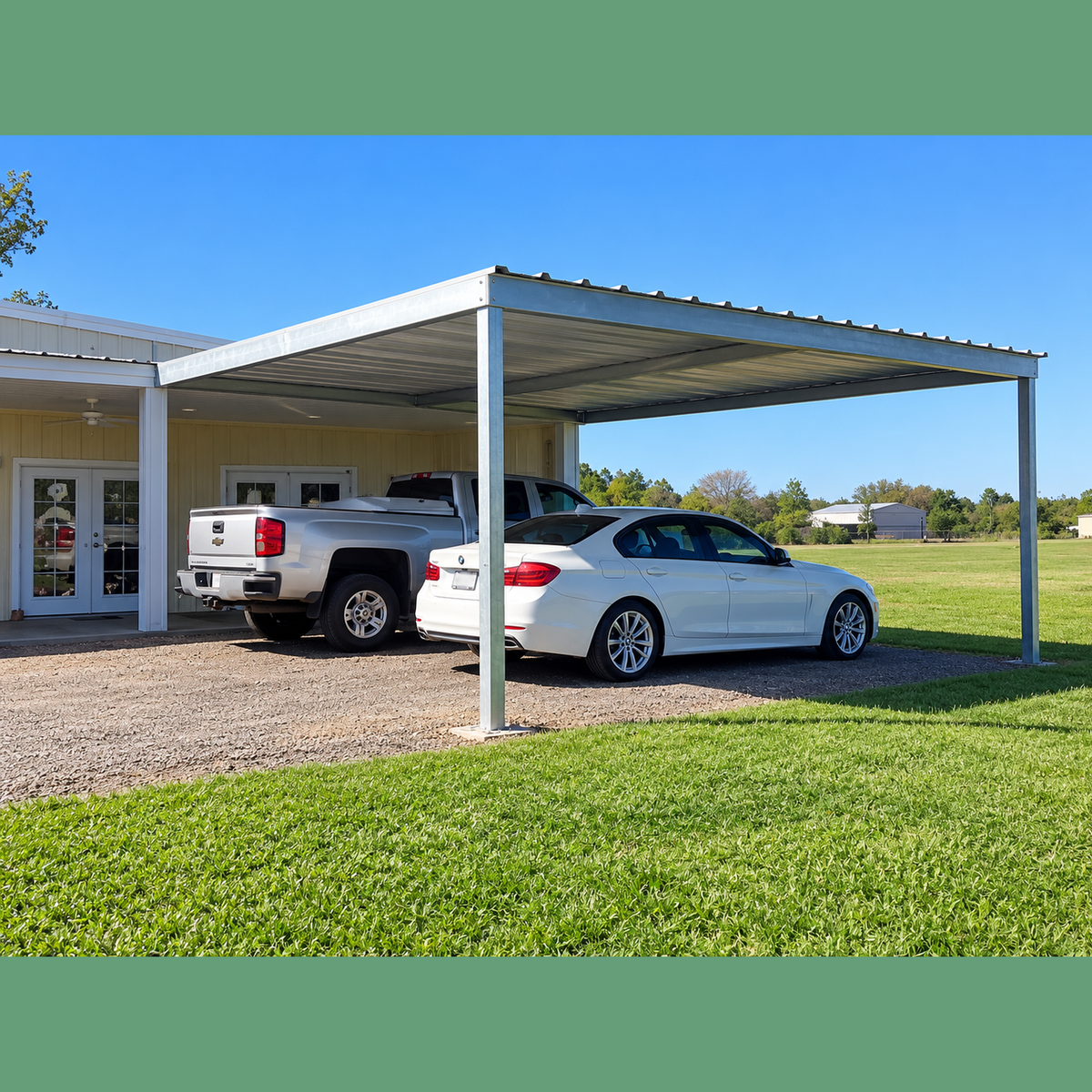 Ready Built Steel TEXAS ONLY - 20' x 20' x 8' Steel Post-Frame Flat Roof Truss Carport