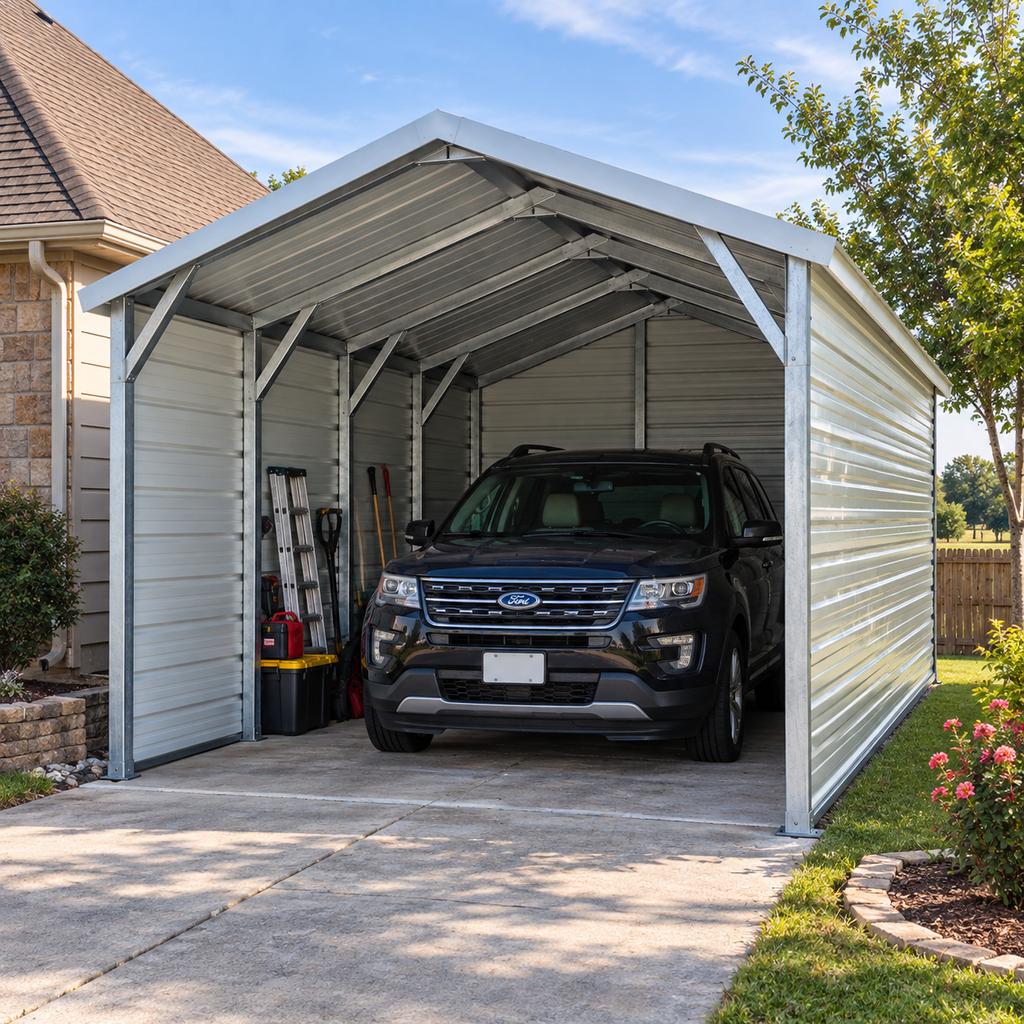 12' x 20' x 7' Box Eve Roof Style One Car Carport with 3 Sides Enclosed