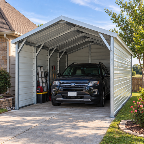 12' x 20' x 7' Box Eve Roof Style One Car Carport with 3 Sides Enclosed