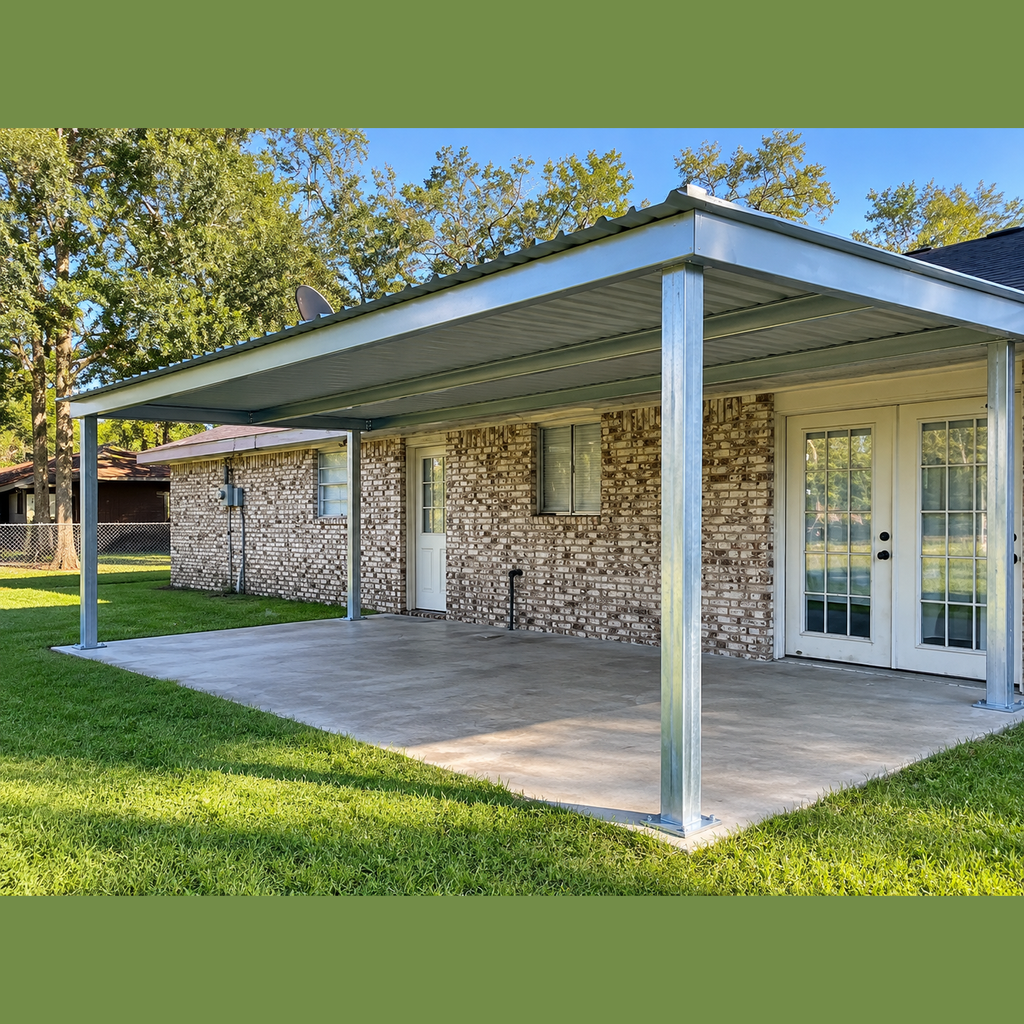 Ready Built Steel TEXAS ONLY - 10' x 20' x 8' Steel Post-Frame, Flat Roof Truss Rear Patio Awning