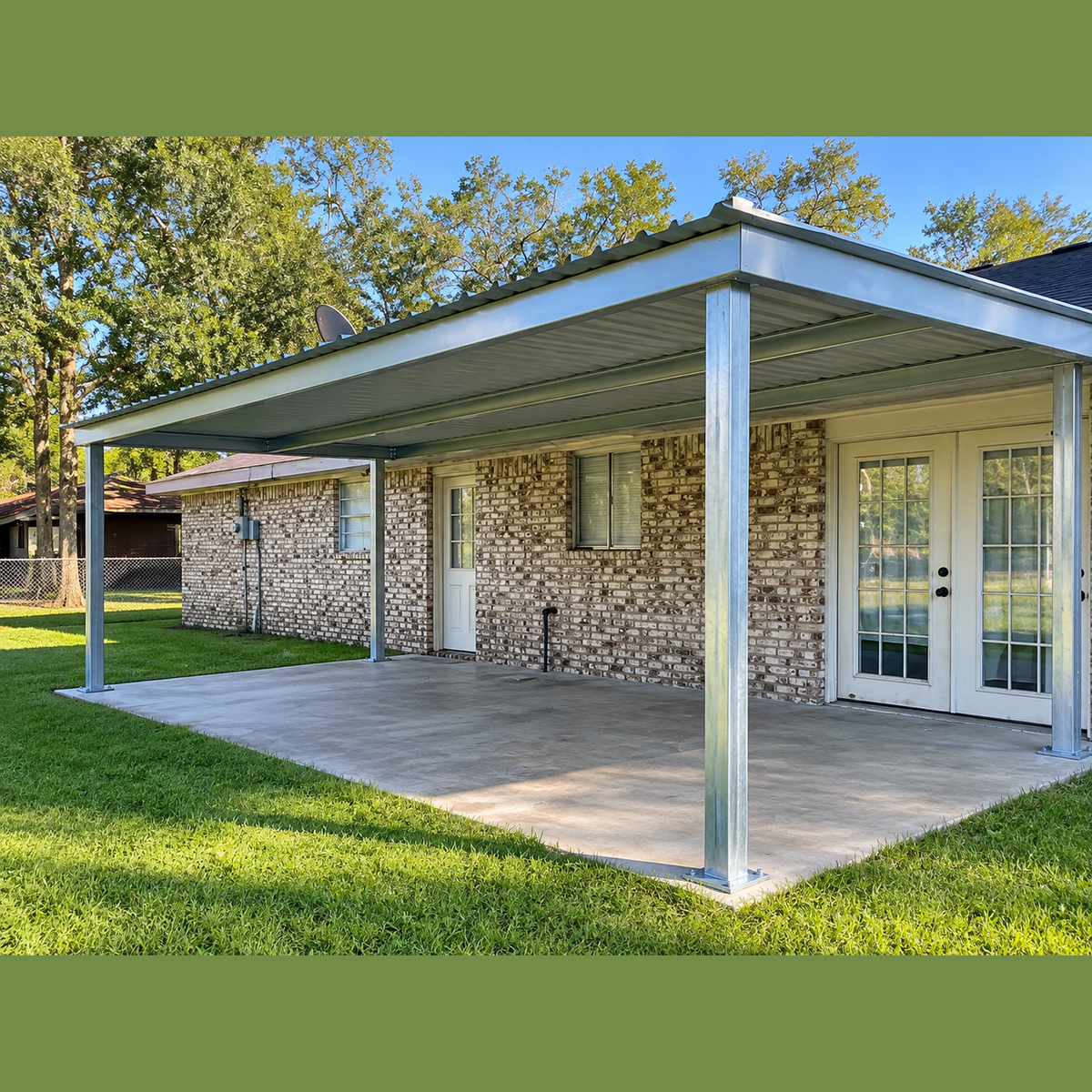 Ready Built Steel TEXAS ONLY - 10' x 20' x 8' Steel Post-Frame, Flat Roof Truss Rear Patio Awning