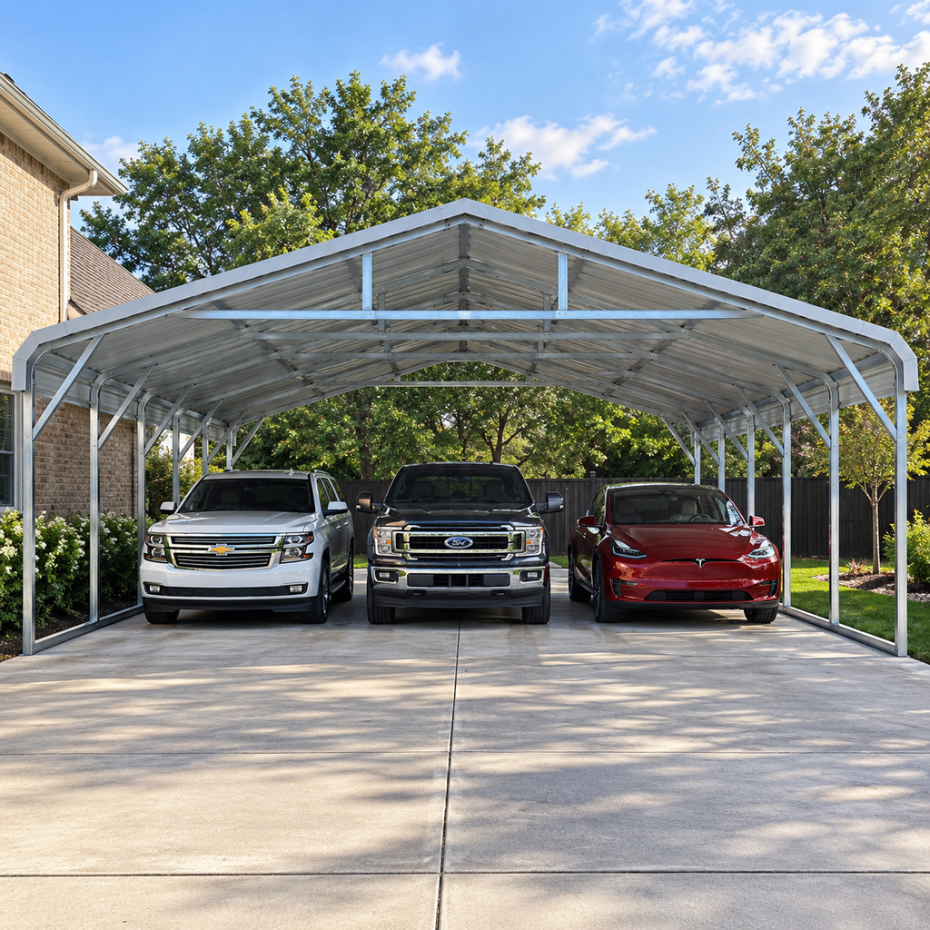 30' x 30' x 7' Regular Roof Three Car, Truck, Equipment Carport