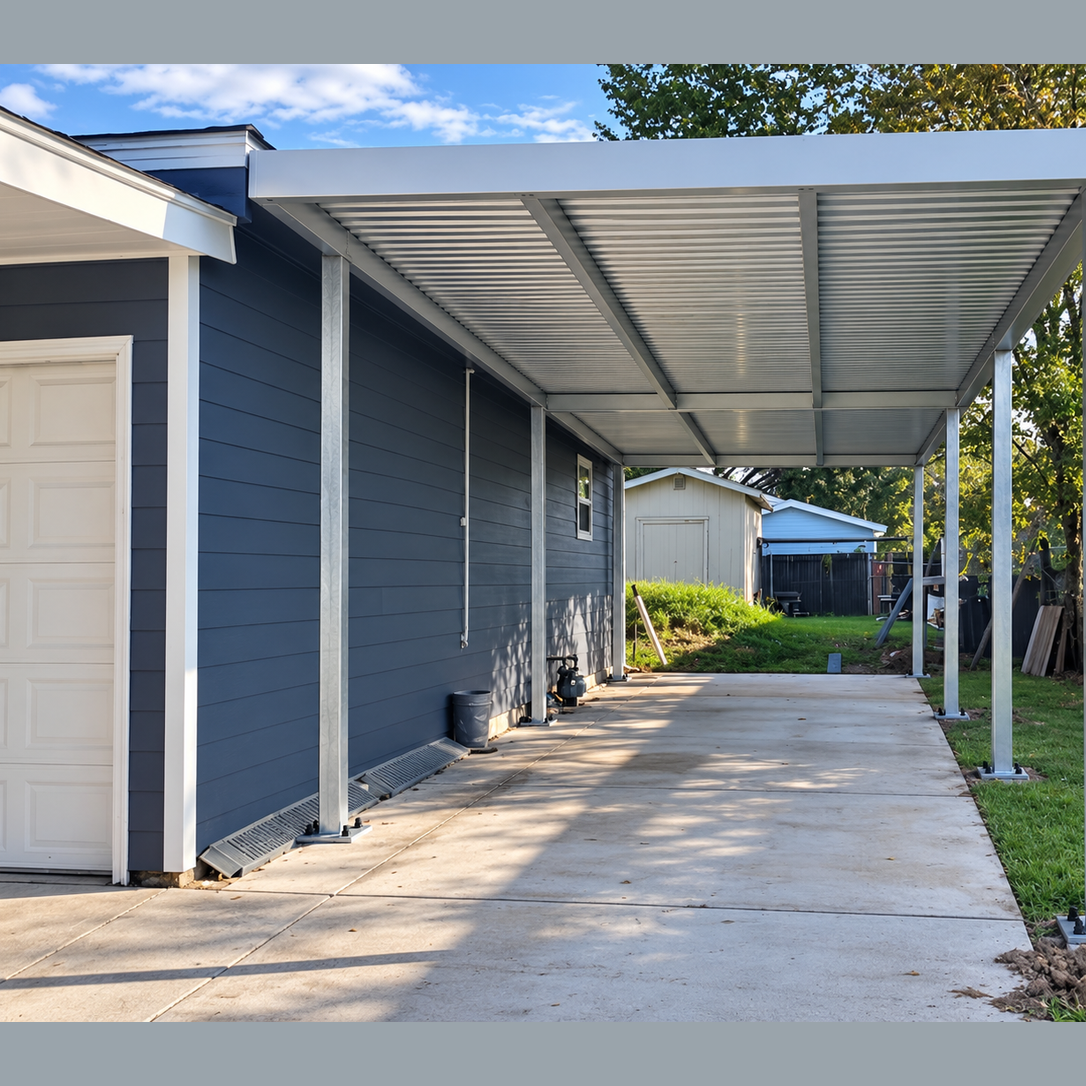 Ready Built Steel TEXAS ONLY - 10' x 30' x 9' Steel Post-Frame, Flat Roof Awning Cover