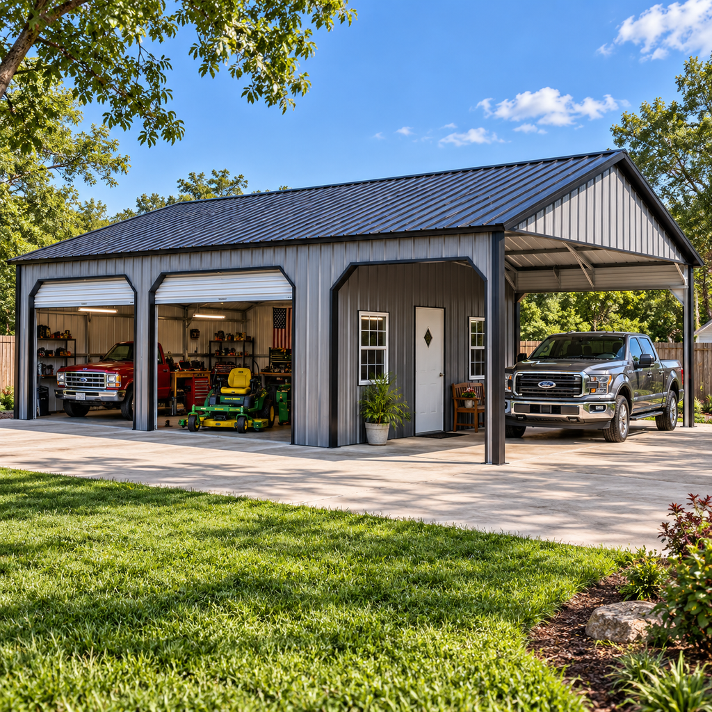 24' x 35' x 9' All Vertical 2 Car Garage Carport Combo