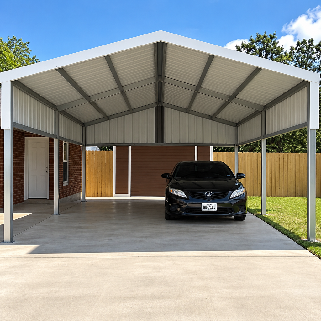 Ready Built Steel TEXAS ONLY - 20' x 30' x 9' Gabled Roof Steel Post Carport with Rear Gable and 3' Sides
