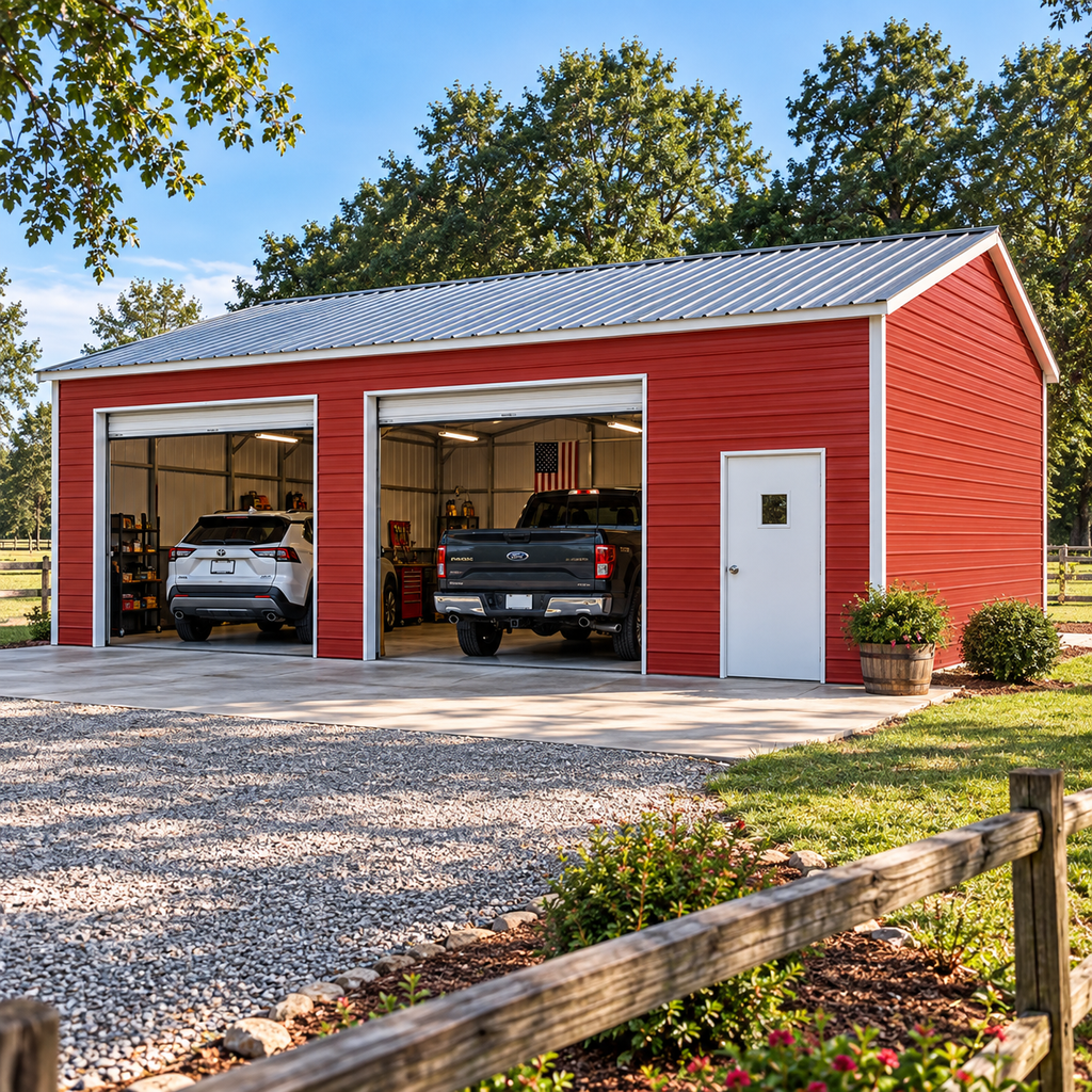 22' x 30' x 9' Red Two Car Garage Workshop