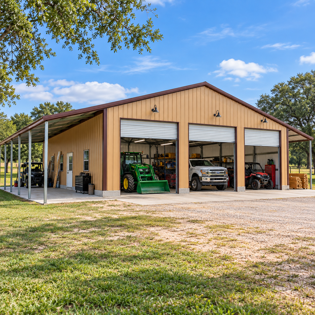 50' x 50' x 11' with dual 12' Lean Tos & Center Divider