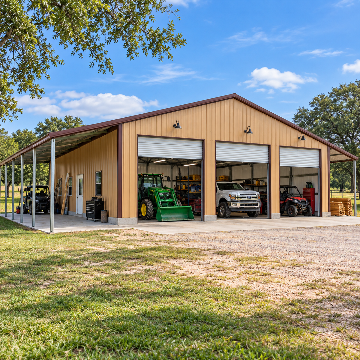 50' x 50' x 11' with dual 12' Lean Tos & Center Divider