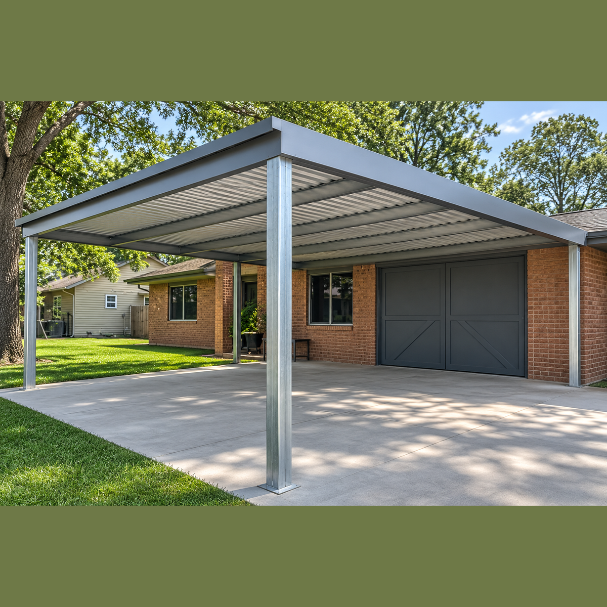 Ready Built Steel TEXAS ONLY - 24' x 20' x 8' Steel Post-Frame, Flat Roof Truss Carport